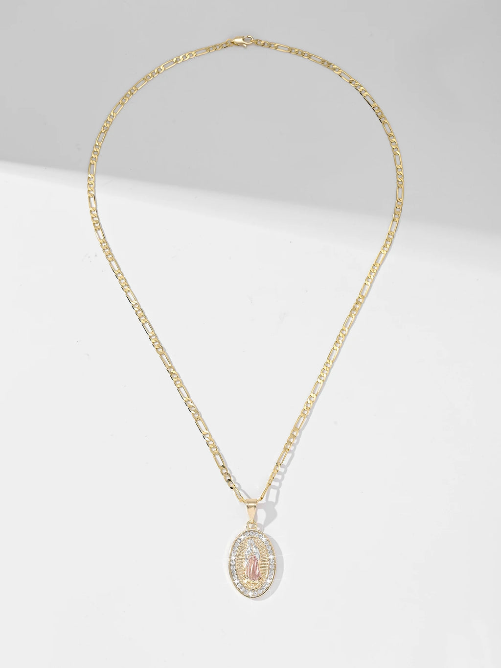 Religious Oval Pendant Necklace | Gold Plated Virgin Mary & Zirconia Halo | Blade Chain Catholic Jewellery