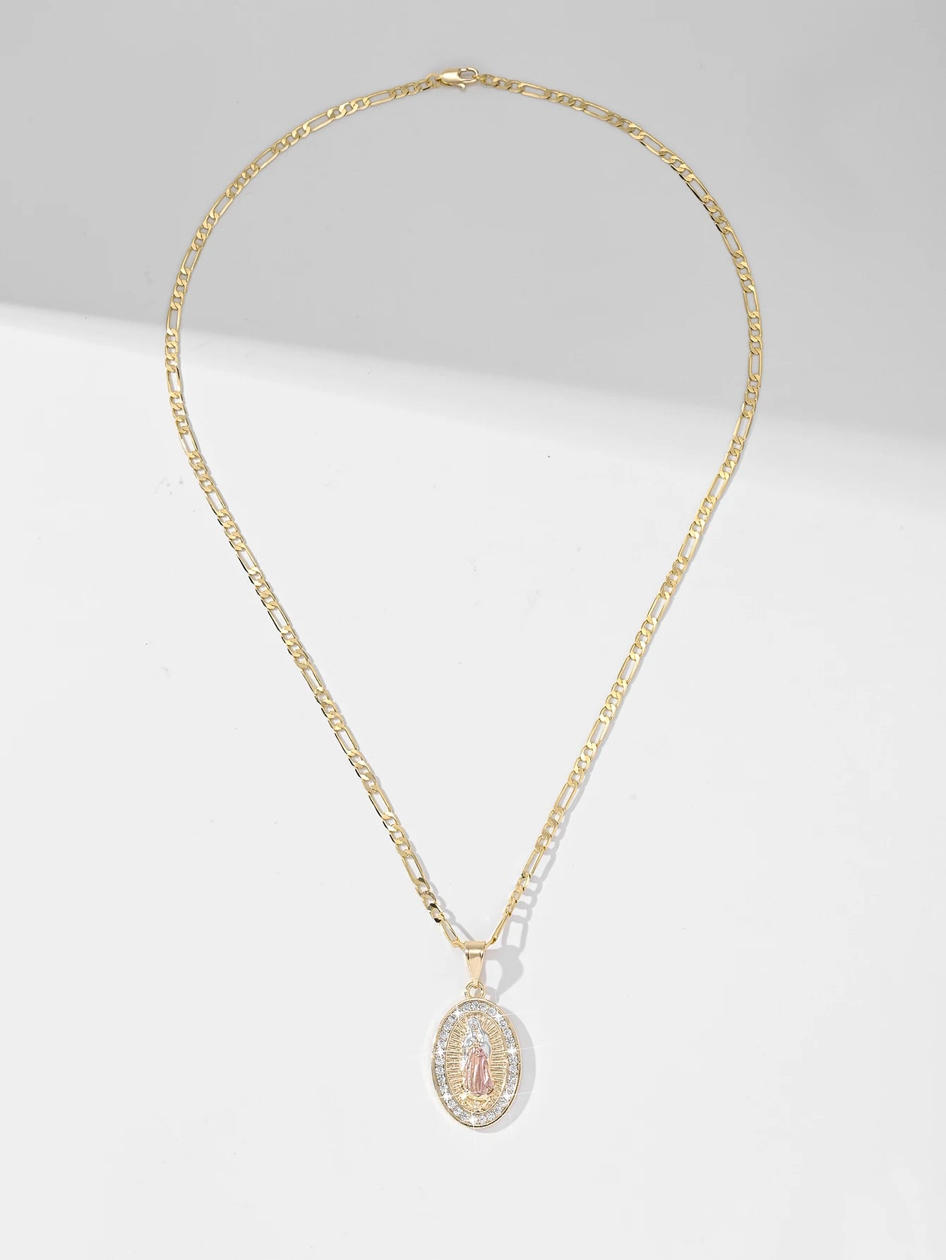 Religious Oval Pendant Necklace | Gold Plated Virgin Mary & Zirconia Halo | Blade Chain Catholic Jewellery