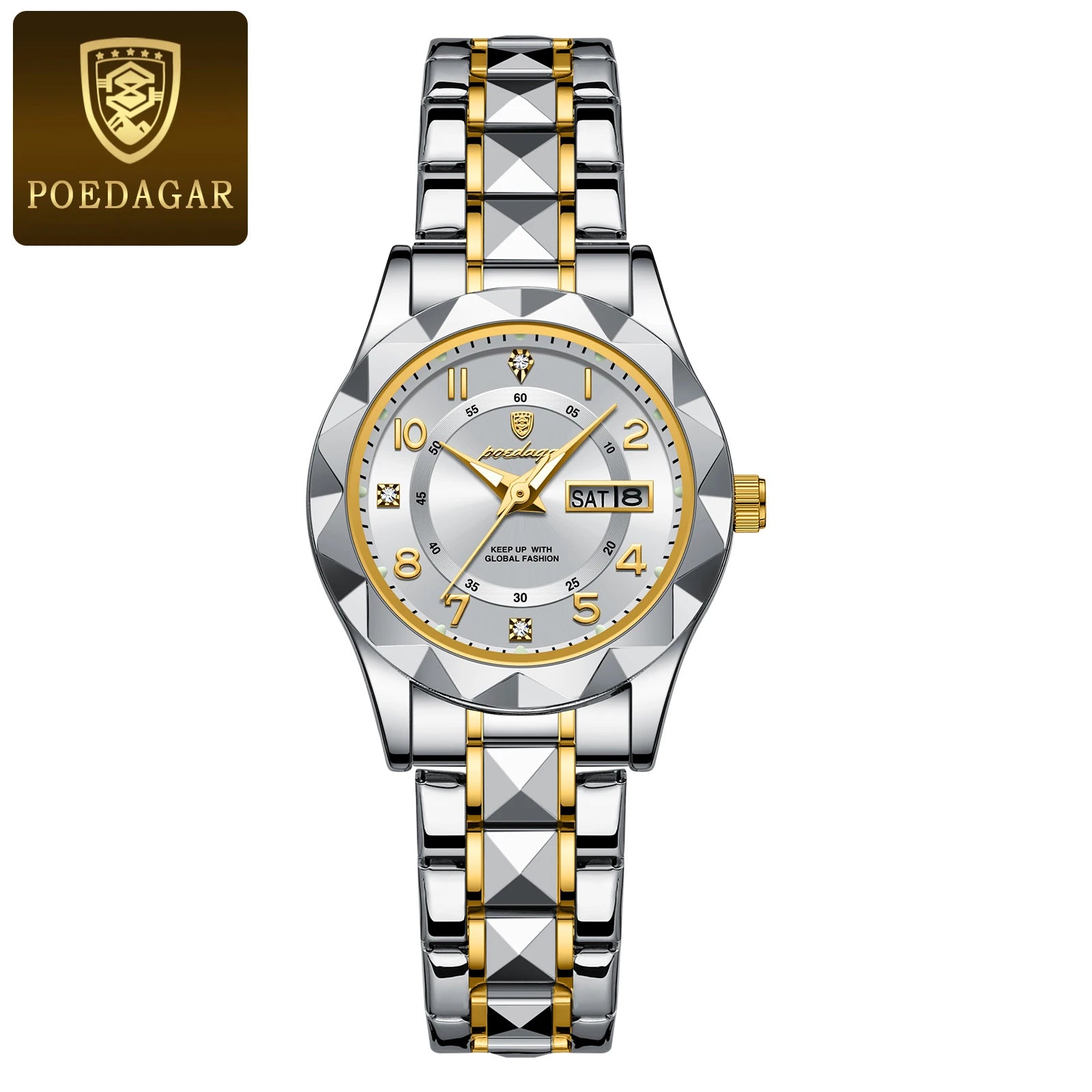 POEDAGAR 782 Women's Quartz Watch | Diamond-Cut Bezel | Two-Tone Stainless Steel | Day/Date Display