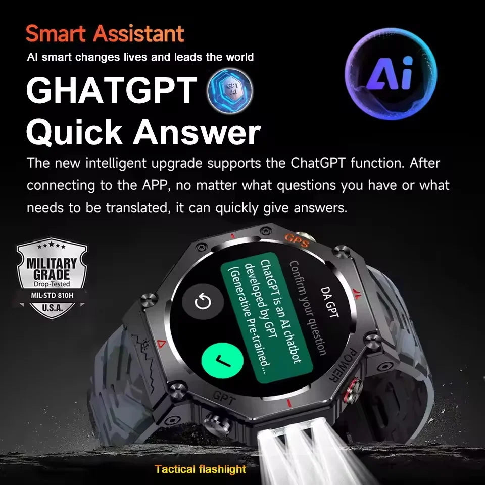 GUHUAVMI Tactical Smartwatch | 10ATM IP69K Waterproof | Dual GPS Tracking | 30-Day Standby | Compass & Flashlight