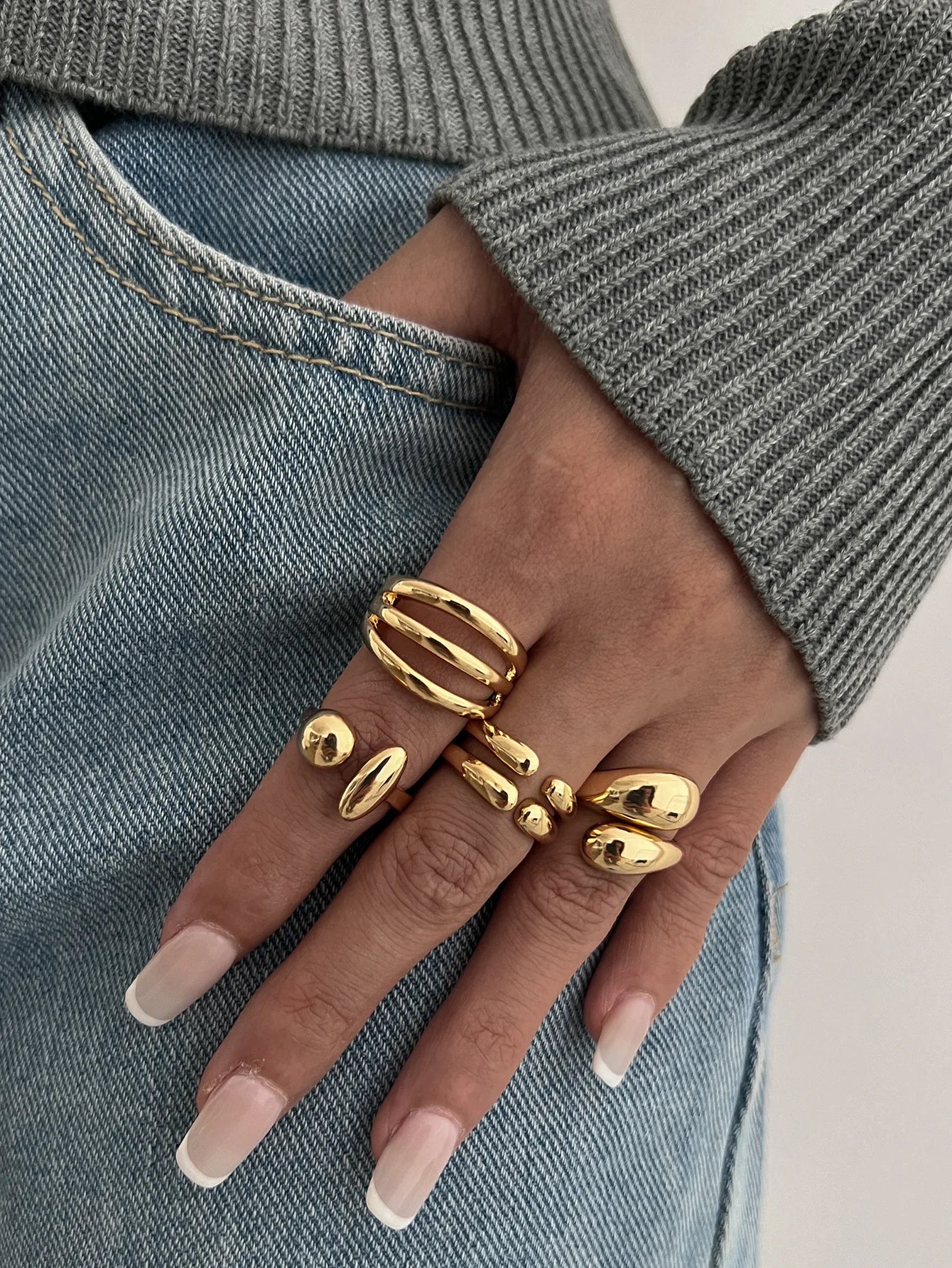 DIEZI 4Pcs Adjustable Gold Ring Set | Sculptural Fluid Statement Rings | Midi Knuckle Joint Jewellery
