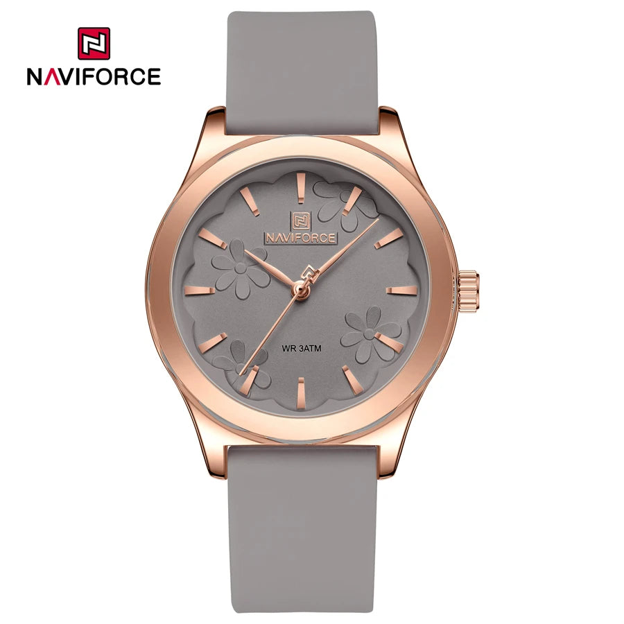 NAVIFORCE NF5051 Women's Quartz Watch | Floral Dial Design | Rose Gold Case | Silicone Strap | 3ATM