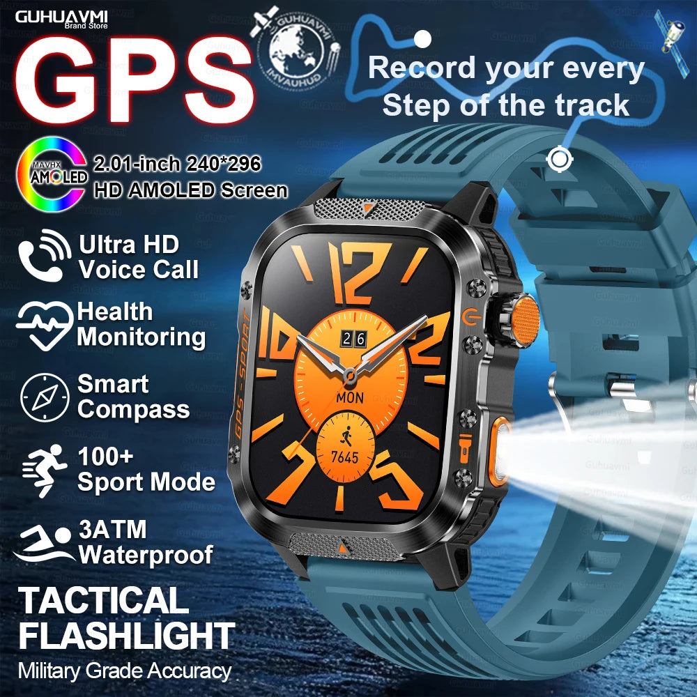 Smartwatch with GPS | GUHUAVMI HT36 Military Style | 2.01” HD AMOLED Screen | Water resistant up to 10 ATM | 540 mAh battery