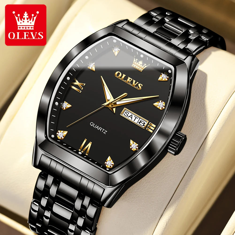 OLEVS 5528 Men's Classic Luxury Watch, Quartz Movement, Luminous, Tonneau-shaped Dial, Top Quality, Water Resistant