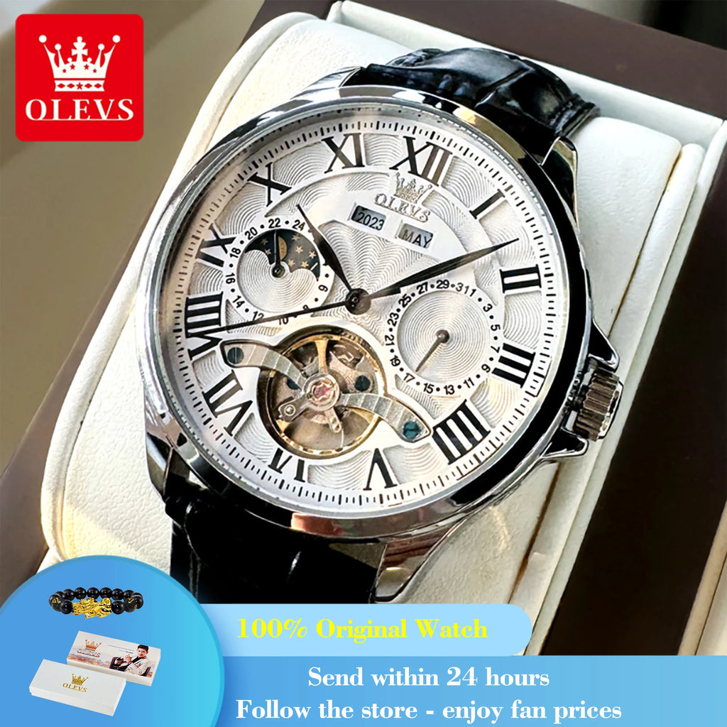 OLEVS 7013 Automatic Mechanical Watch – Moon Phase | Skeleton Dial | Roman Numerals | 3 ATM Water Resistant | Genuine Leather Strap