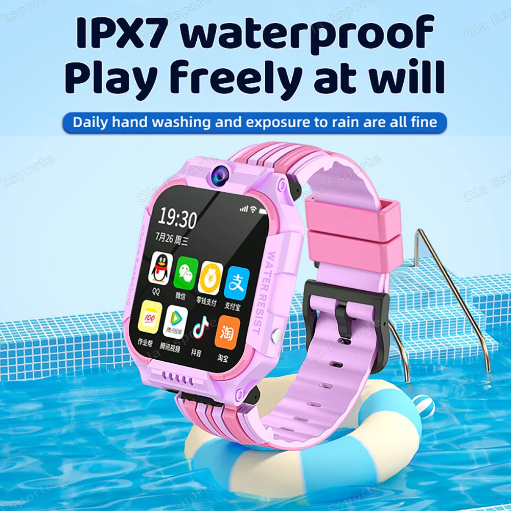 Smartwatch with SOS, GPS, 5G for kids, location tracking, SIM card calls, camera, video calls, and waterproof.