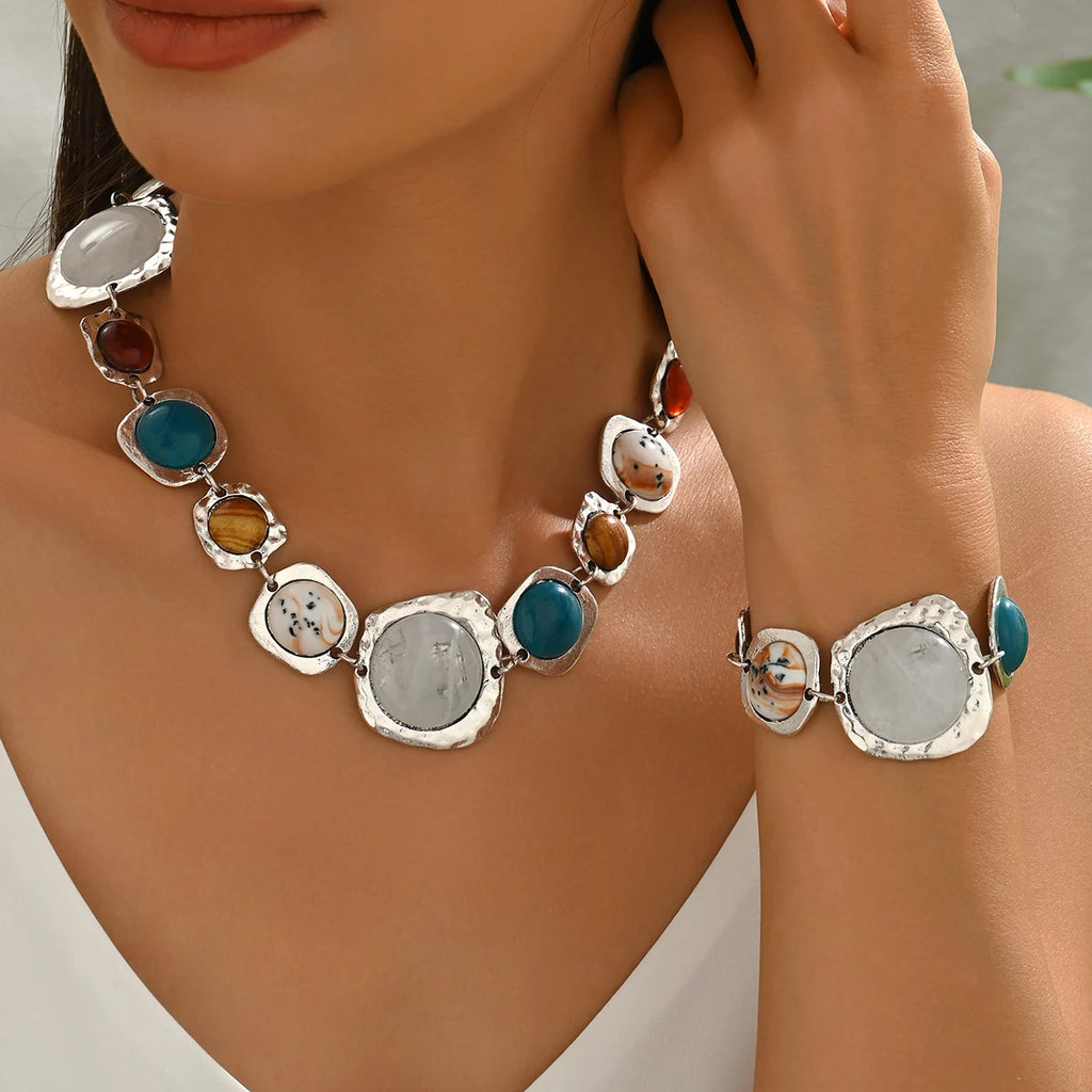 Bohemia Multi-Stone Geometric Jewellery Set | Chunky Irregular Necklace & Bracelet | Vintage Metal Fashion
