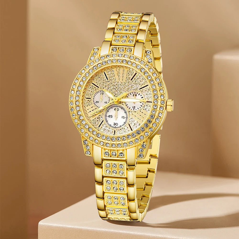 Luxury Women's Gold Quartz Watch + Necklace with Ring and Earrings