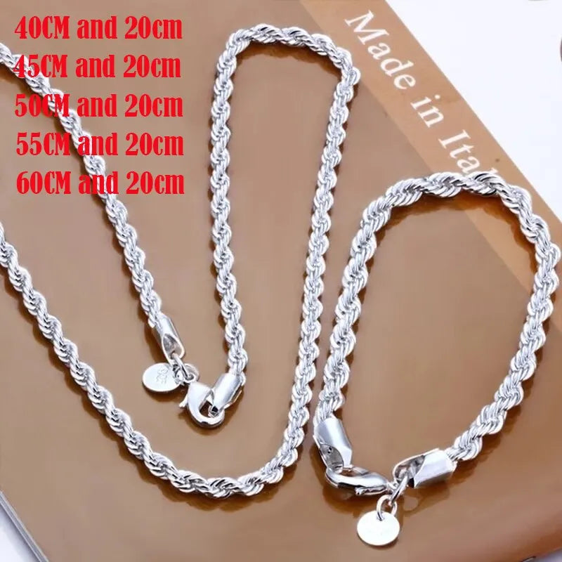 Classic Rope Chain Jewellery Set | Unisex Silver Tone Necklace & Bracelet | Twisted Link Chain Fashion