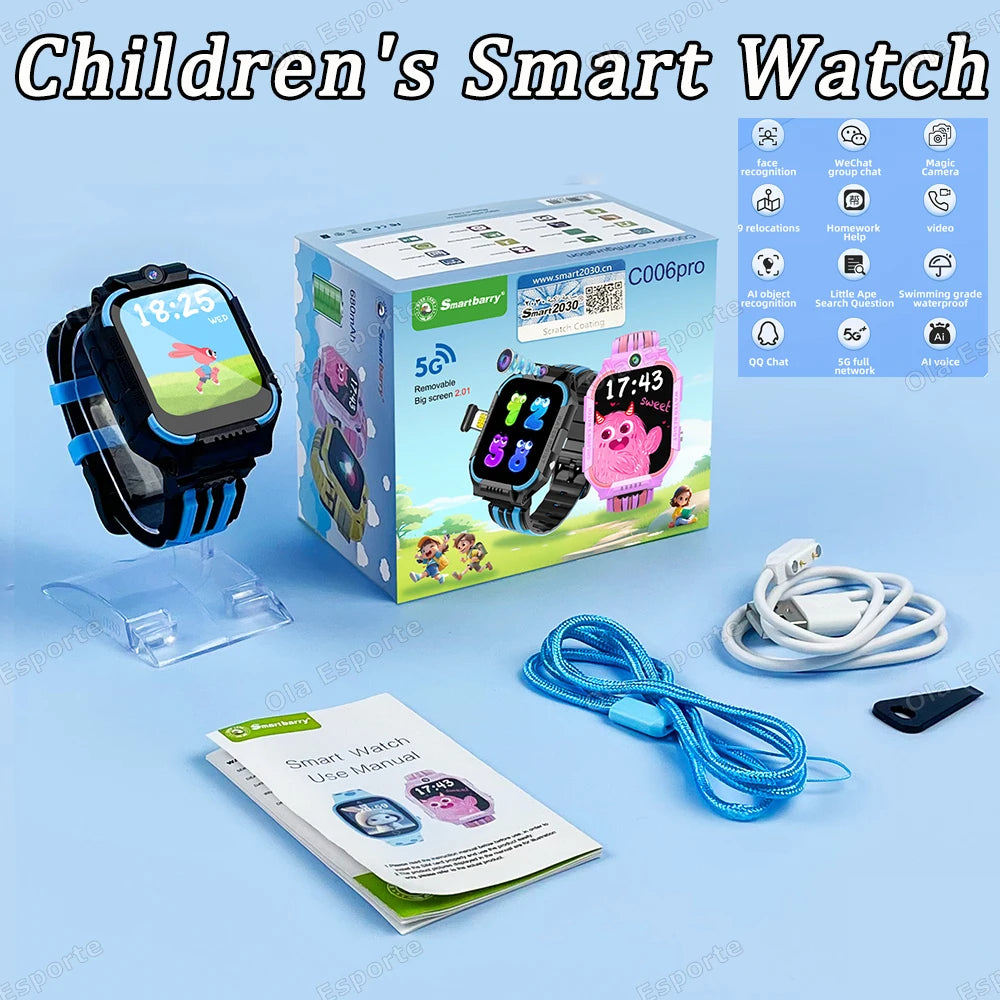 Smartwatch with SOS, GPS, 5G for kids, location tracking, SIM card calls, camera, video calls, and waterproof.