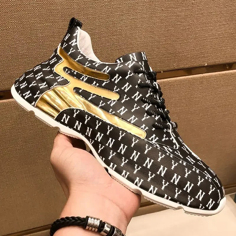 MAOGU F97 Men's/Women's Monogram Sneaker | Metallic Gold Accent | PU Leather Upper | Street Style Trainer