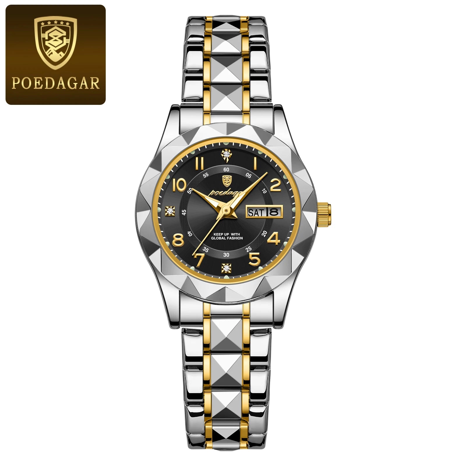 POEDAGAR 782 Women's Quartz Watch | Diamond-Cut Bezel | Two-Tone Stainless Steel | Day/Date Display