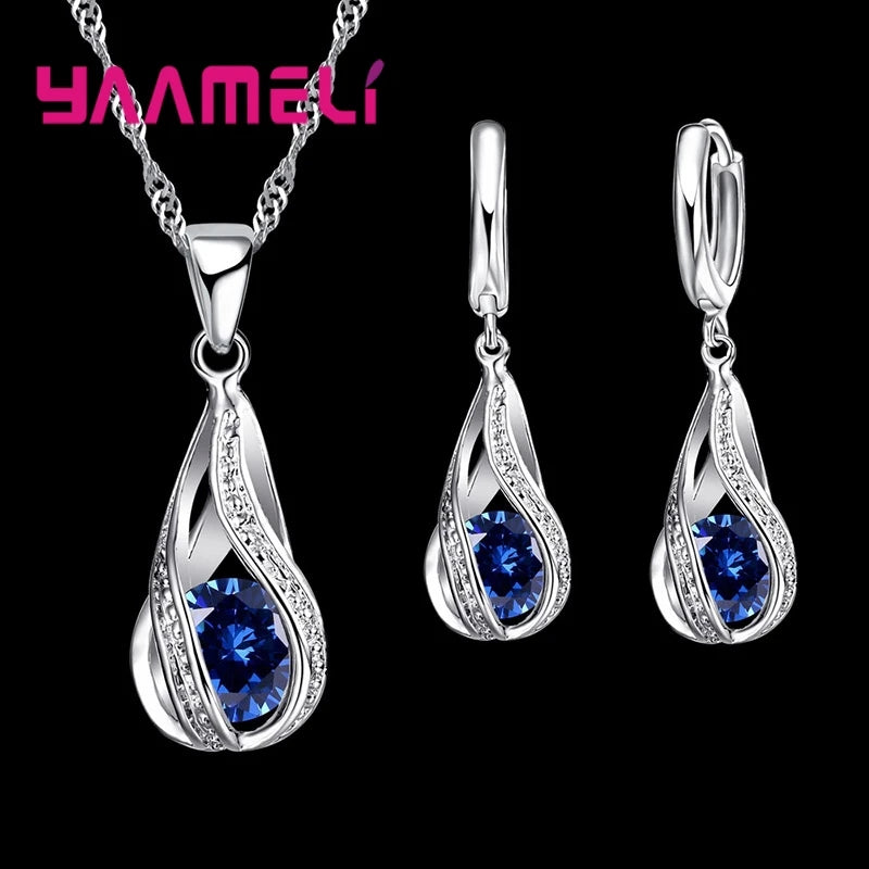 YAAMELI Women's Water Drop Jewellery Set | Sterling Silver Plated Necklace & Dangle CZ Earrings | Wedding Party