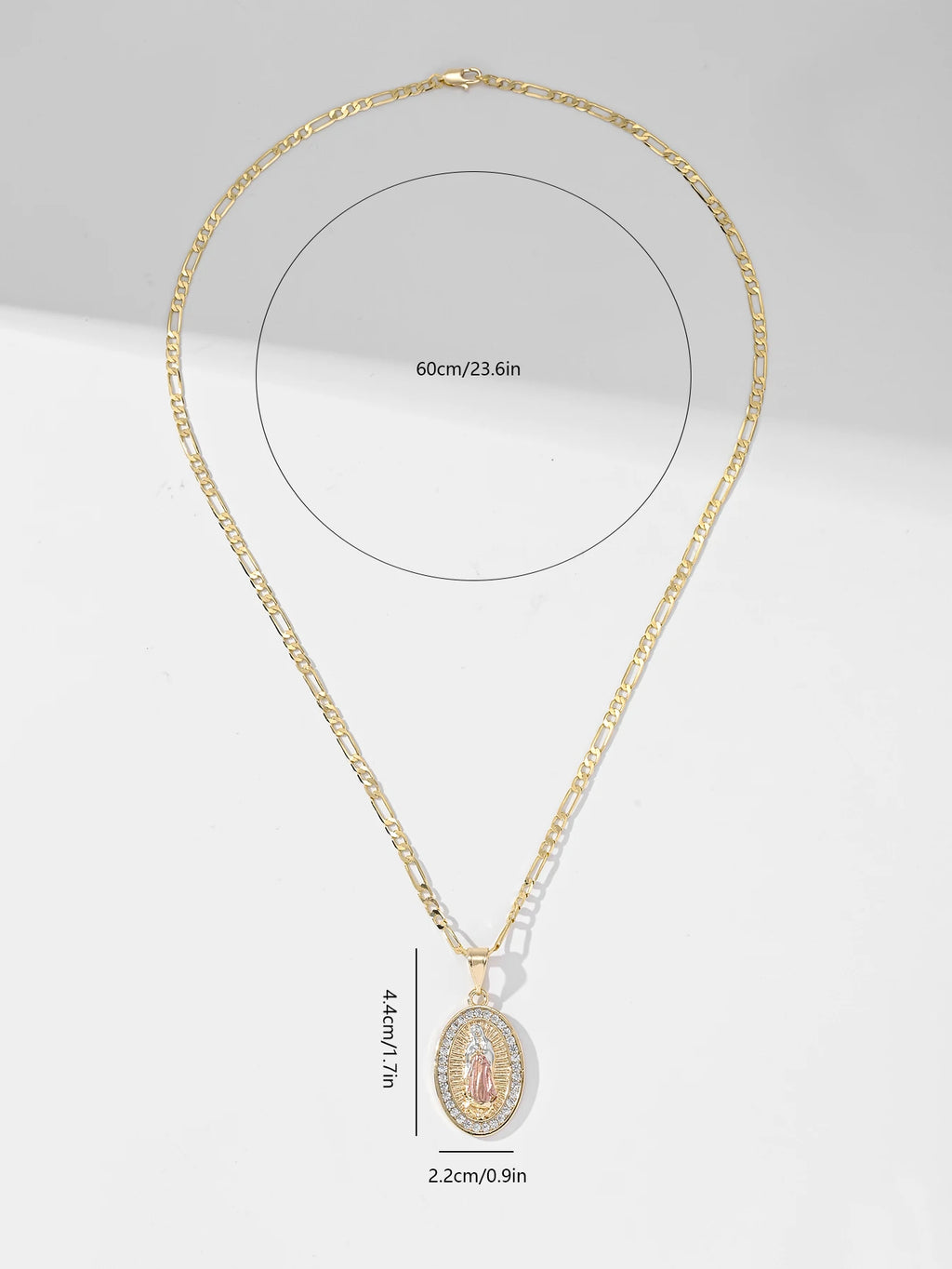 Religious Oval Pendant Necklace | Gold Plated Virgin Mary & Zirconia Halo | Blade Chain Catholic Jewellery