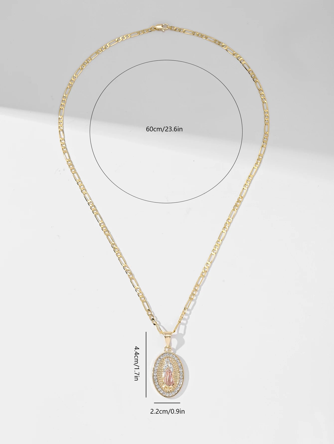 Religious Oval Pendant Necklace | Gold Plated Virgin Mary & Zirconia Halo | Blade Chain Catholic Jewellery