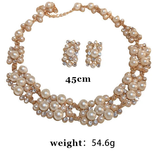 DREJEW Women's Cluster Pearl & Rhinestone Jewellery Set | Gold Tone Wedding Choker Necklace & Stud Earrings