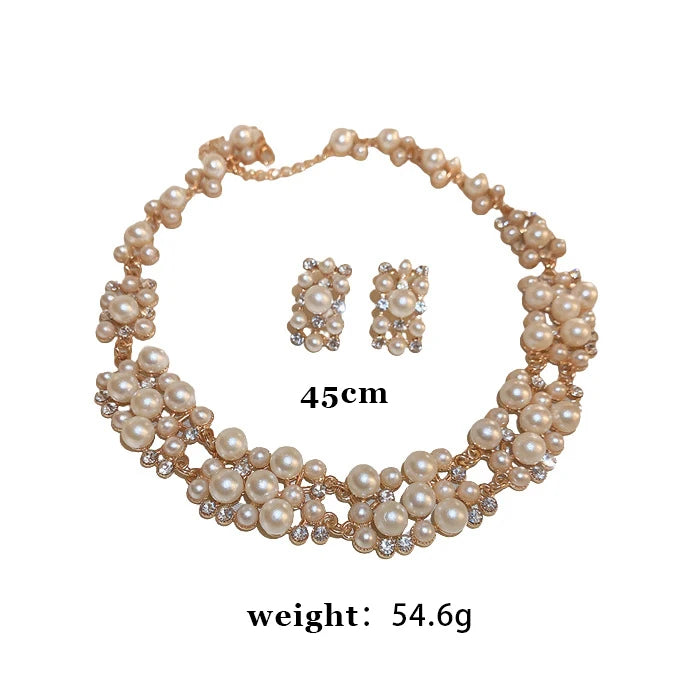 DREJEW Women's Cluster Pearl & Rhinestone Jewellery Set | Gold Tone Wedding Choker Necklace & Stud Earrings