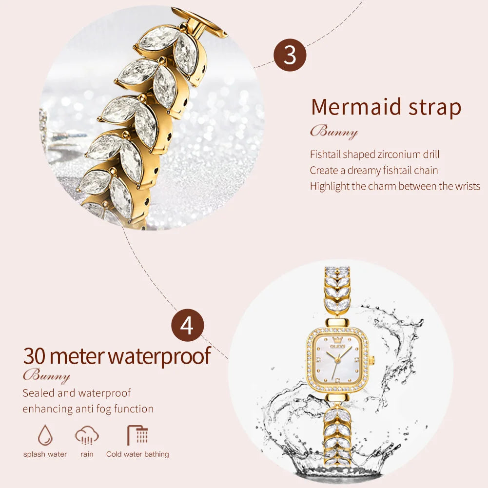 OLEVS 9987 Women's Luxury Quartz Watch | Marquise Gemstone Bracelet | Mother-of-Pearl Dial | Gold Tone Square Case