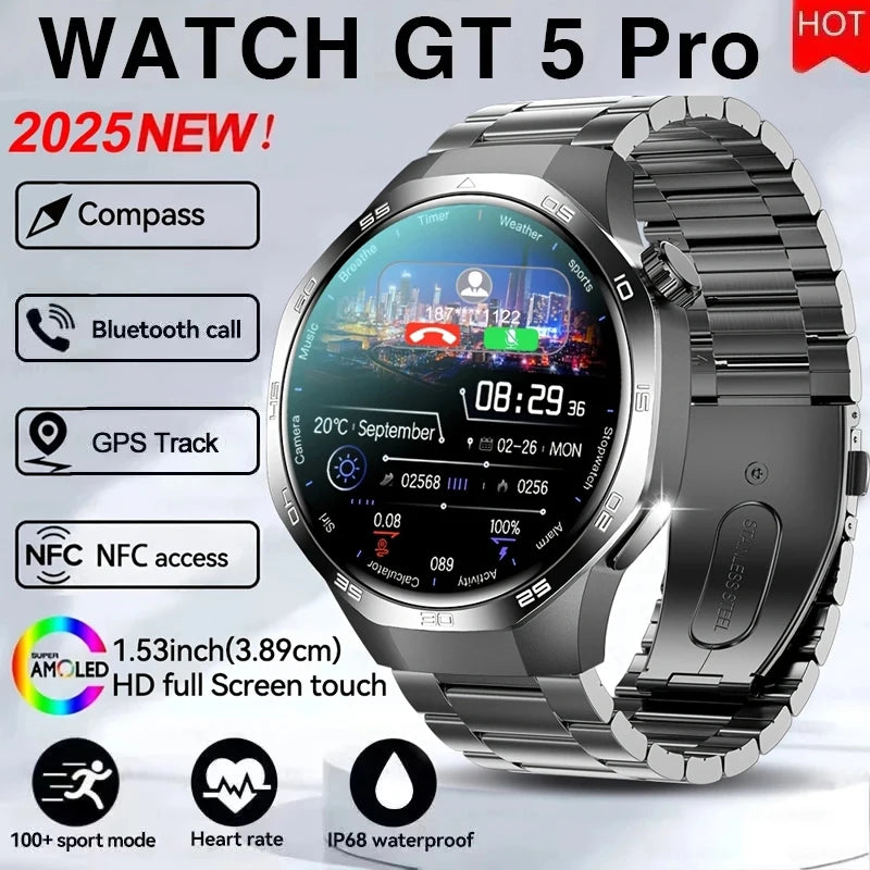 GUHUAVMI GT 5 Pro Smart Watch 2025 NEW | GPS Track & NFC Access | AMOLED Display | Stainless Steel Bracelet