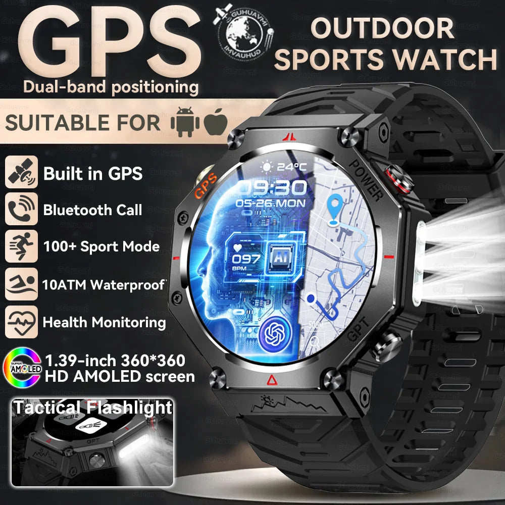 GUHUAVMI Tactical Smartwatch | 10ATM IP69K Waterproof | Dual GPS Tracking | 30-Day Standby | Compass & Flashlight