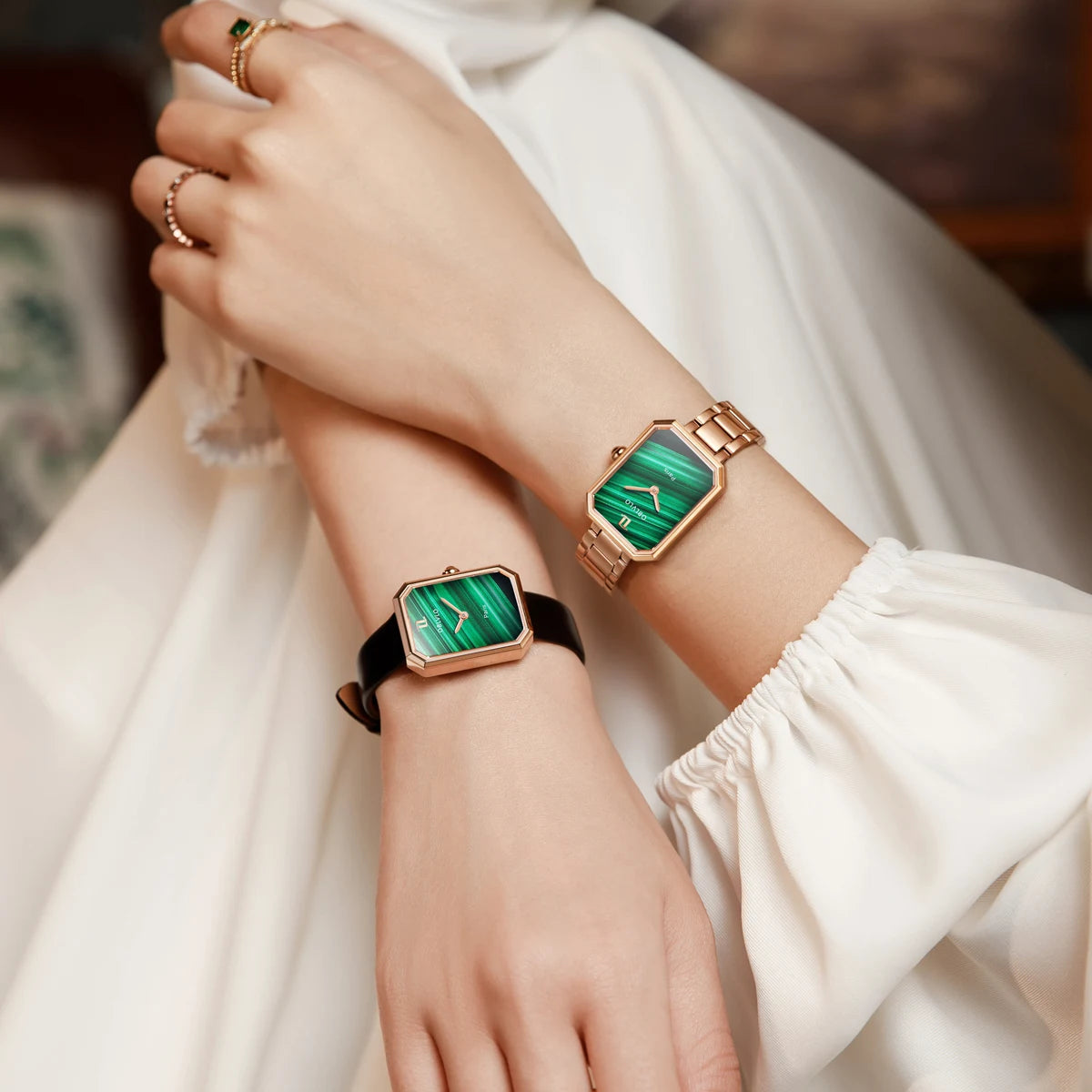 OBLVLO women's quartz watch, rose gold case, leather strap, malachite dial with diamond surface and sapphire crystal.