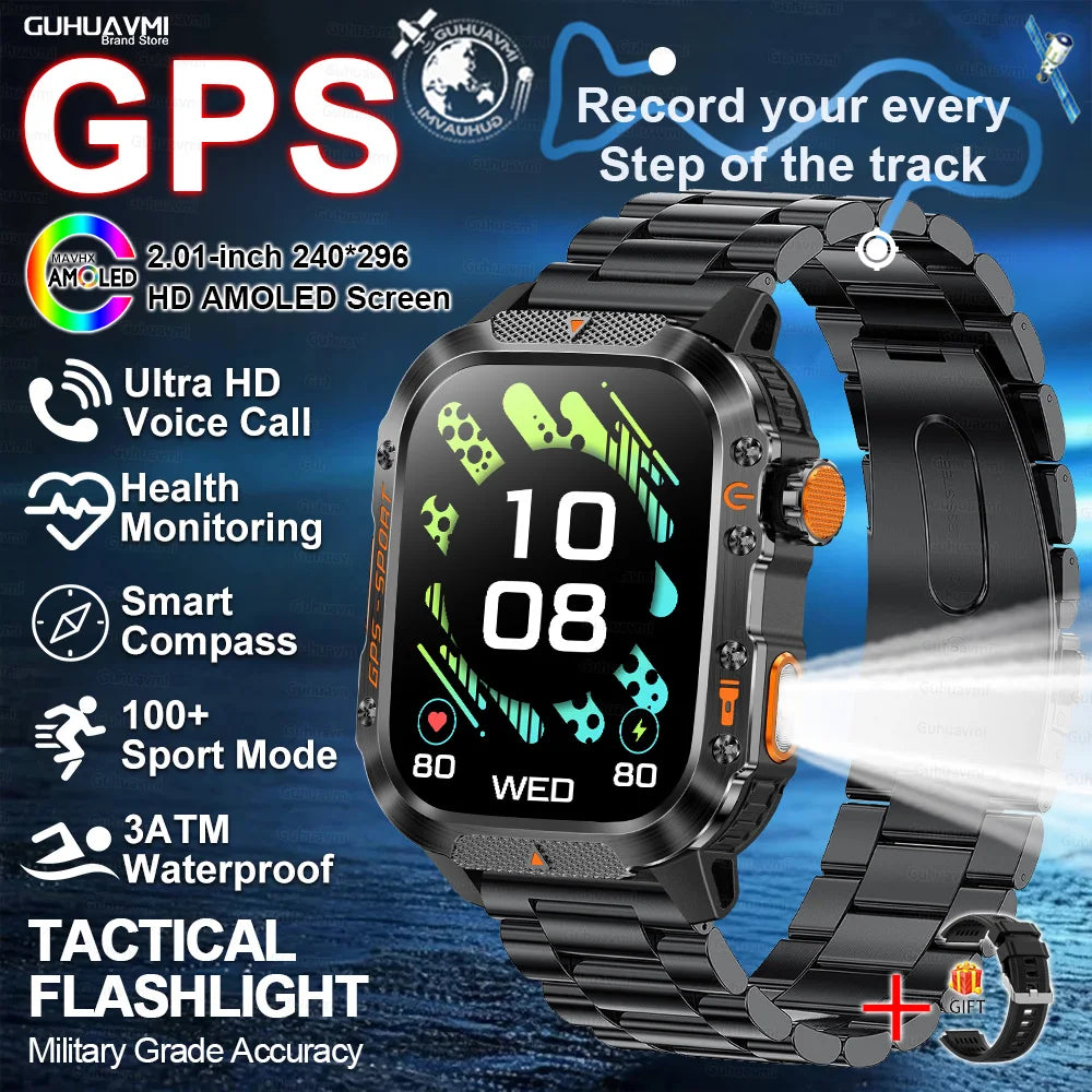 Smartwatch with GPS | GUHUAVMI HT36 Military Style | 2.01” HD AMOLED Screen | Water resistant up to 10 ATM | 540 mAh battery