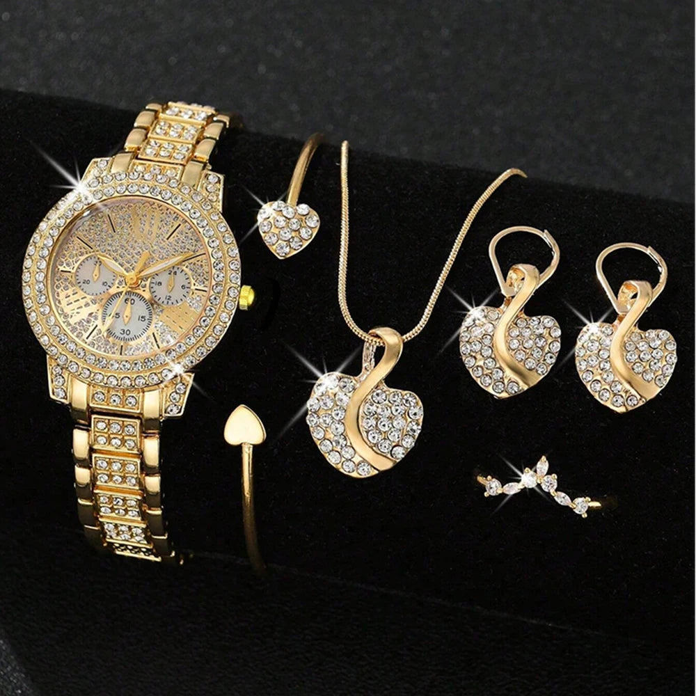 Luxury Women's Gold Quartz Watch + Necklace with Ring and Earrings