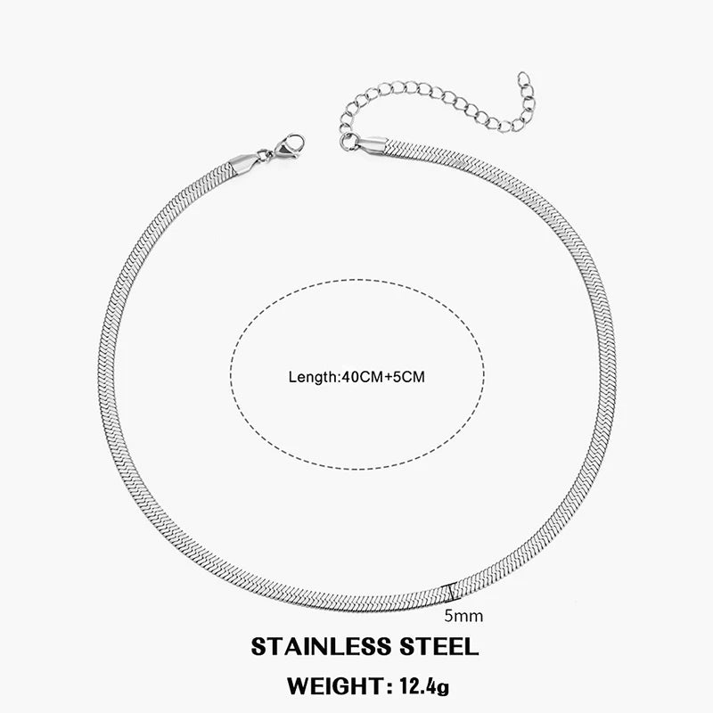 LOVBEAFAS Waterproof Snake Chain Necklace | Stainless Steel Herringbone Link | Gold & Silver Trend | 2mm-5mm Width