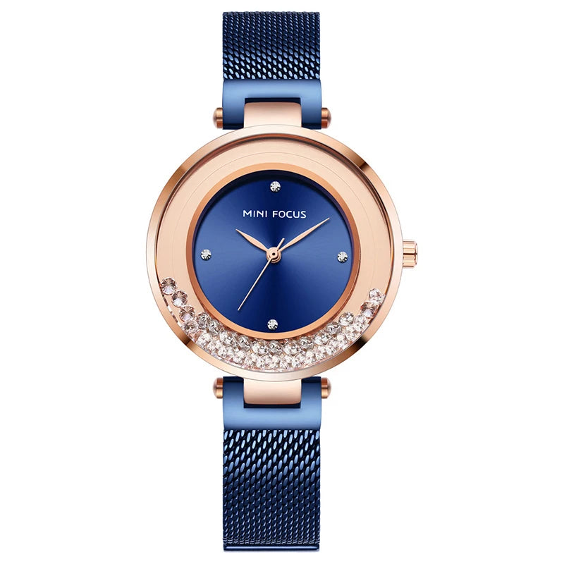 MINI FOCUS MF0254L Women's Quartz Watch | Floating Rhinestone Dial | Rose Gold Mesh Band | Luxury Style