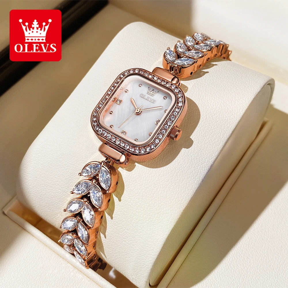 OLEVS 9987 Women's Luxury Quartz Watch | Marquise Gemstone Bracelet | Mother-of-Pearl Dial | Gold Tone Square Case