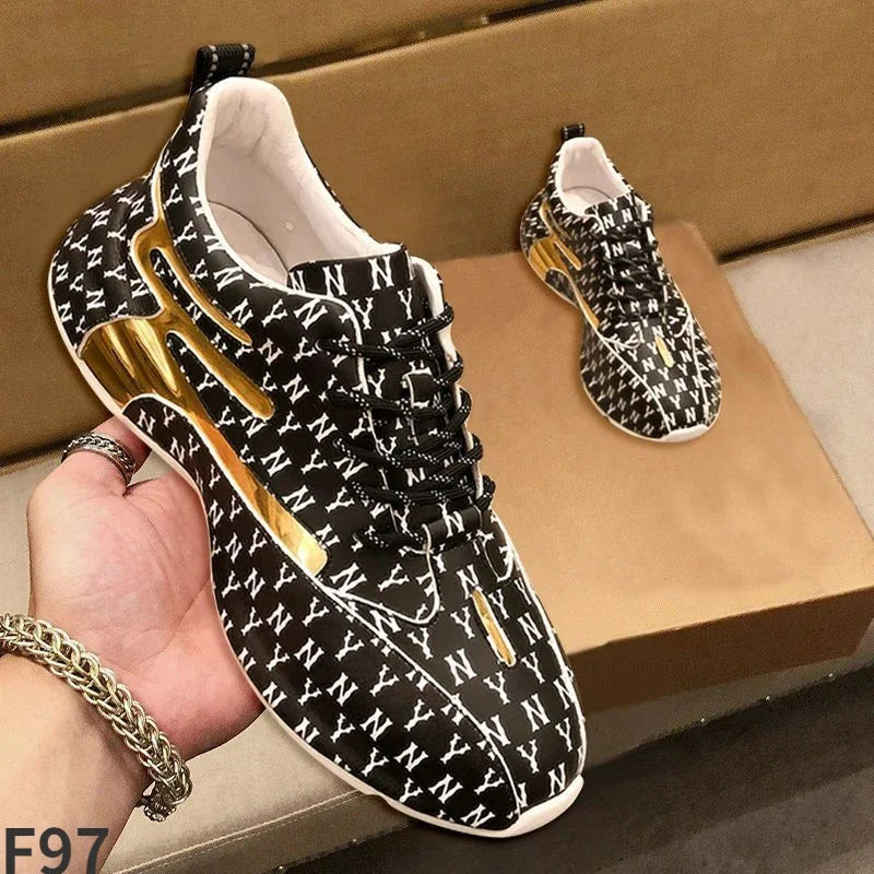 MAOGU F97 Men's/Women's Monogram Sneaker | Metallic Gold Accent | PU Leather Upper | Street Style Trainer