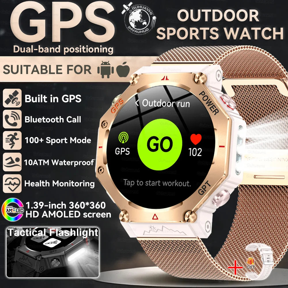 GUHUAVMI Tactical Smartwatch | 10ATM IP69K Waterproof | Dual GPS Tracking | 30-Day Standby | Compass & Flashlight