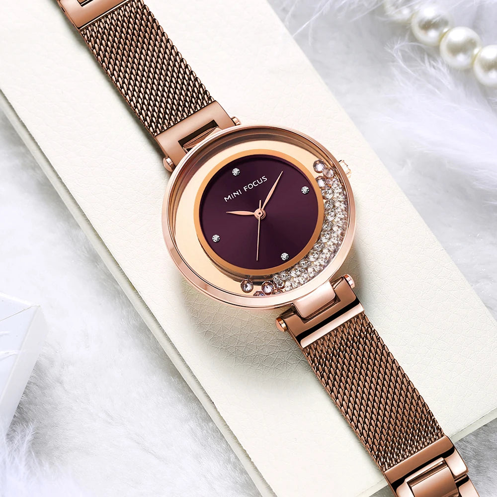 MINI FOCUS MF0254L Women's Quartz Watch | Floating Rhinestone Dial | Rose Gold Mesh Band | Luxury Style