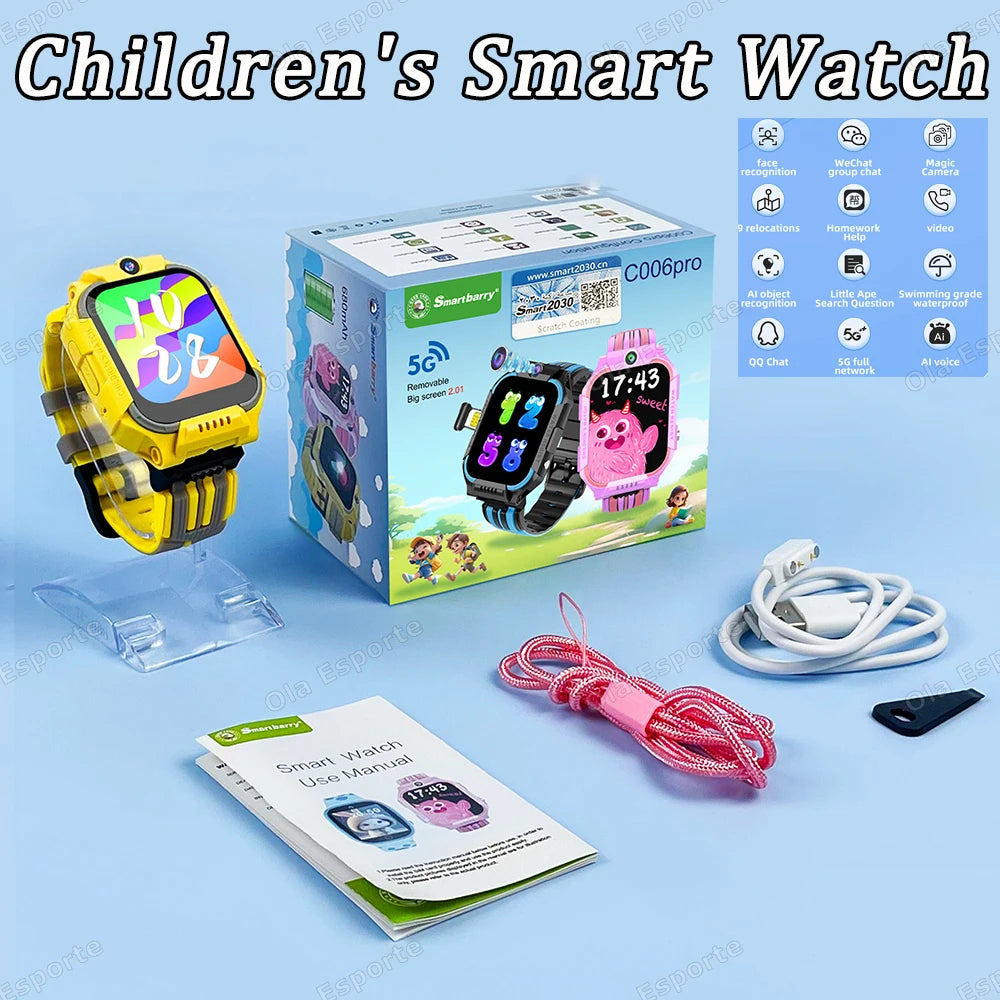 Smartwatch with SOS, GPS, 5G for kids, location tracking, SIM card calls, camera, video calls, and waterproof.