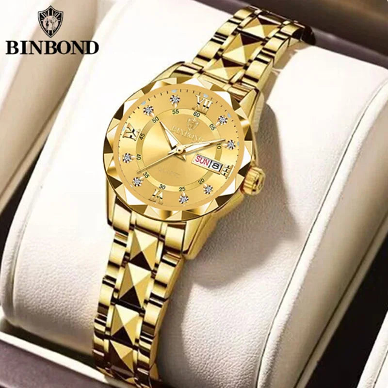 BINBOND B2522 Women's Quartz Watch | Tungsten Steel Two-Tone Bracelet | Diamond-Cut Bezel | Day/Date