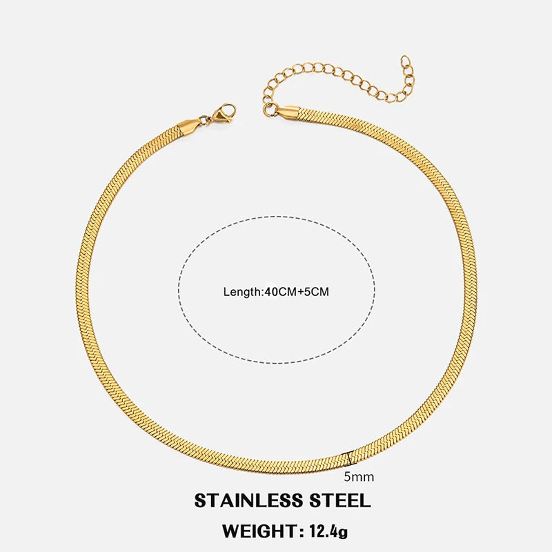 LOVBEAFAS Waterproof Snake Chain Necklace | Stainless Steel Herringbone Link | Gold & Silver Trend | 2mm-5mm Width