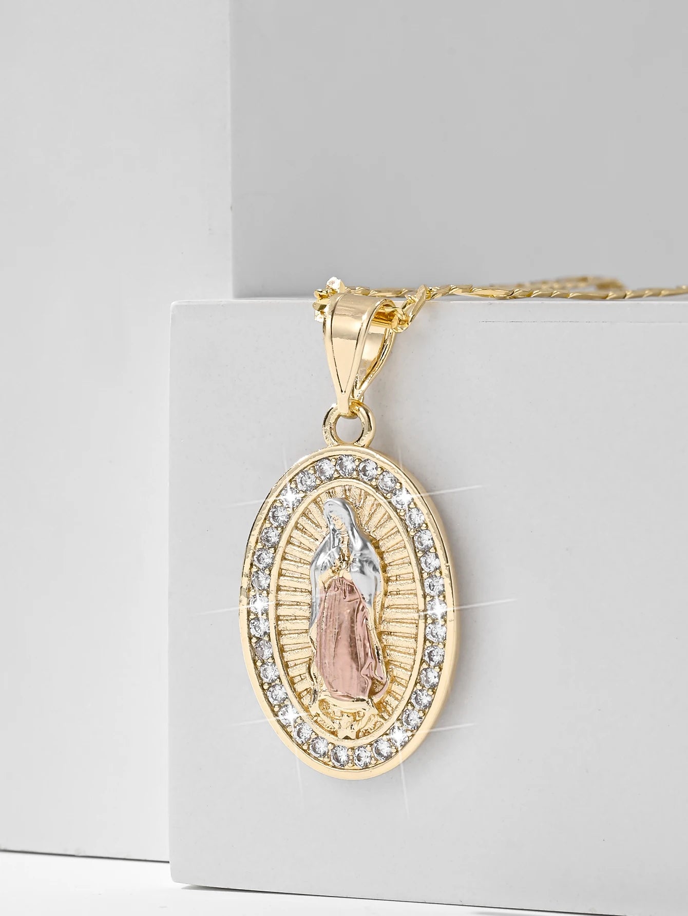 Religious Oval Pendant Necklace | Gold Plated Virgin Mary & Zirconia Halo | Blade Chain Catholic Jewellery