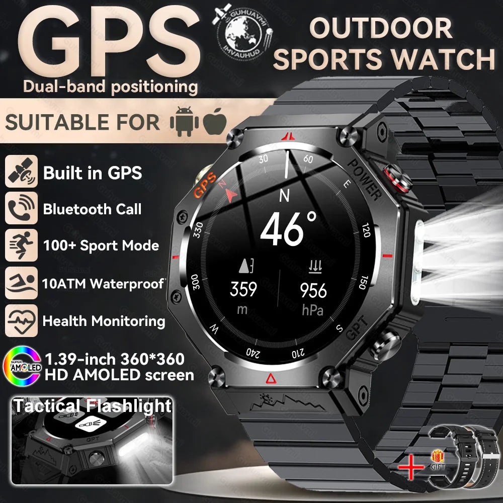 GUHUAVMI Tactical Smartwatch | 10ATM IP69K Waterproof | Dual GPS Tracking | 30-Day Standby | Compass & Flashlight