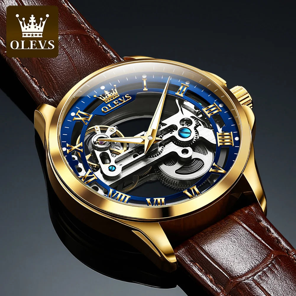 OLEVS 6661 Luxury Skeleton Mechanical Watch – Hand-Wound | Stainless Steel Case | Luminous Display | 3ATM Waterproof | Leather Strap