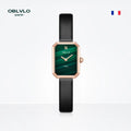 OBLVLO women's quartz watch, rose gold case, leather strap, malachite dial with diamond surface and sapphire crystal.