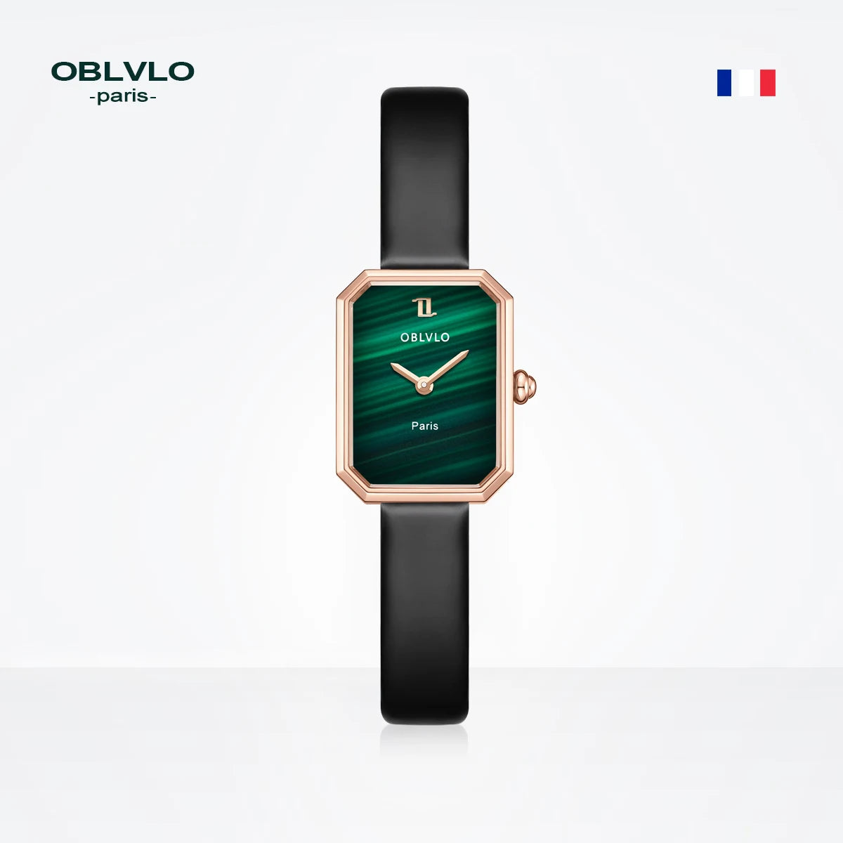 OBLVLO women's quartz watch, rose gold case, leather strap, malachite dial with diamond surface and sapphire crystal.