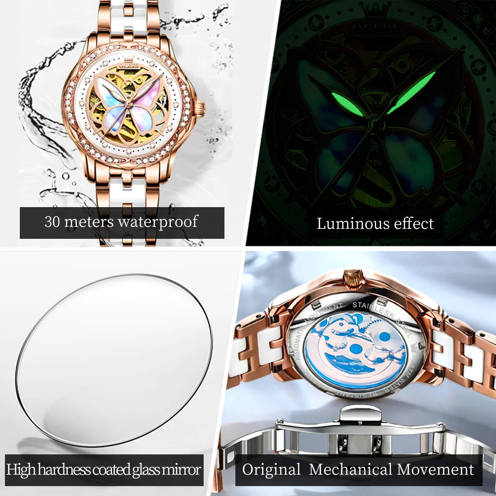 OLEVS 6615 Women's Automatic Watch | Butterfly Skeleton Dial | Rose Gold & Ceramic Bracelet | Rhinestone Bezel
