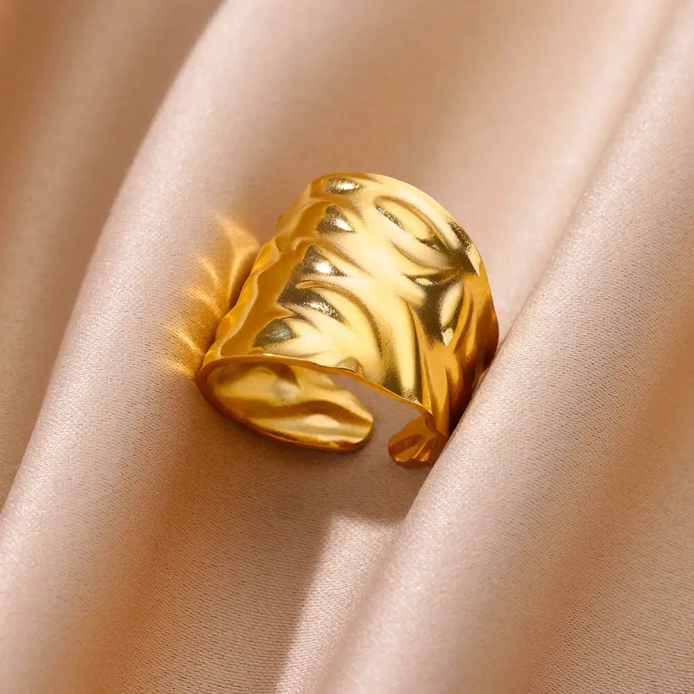 HPTOTMG Women's 18K Gold Plated Adjustable Rings | Stainless Steel Geometric Statement Jewellery | Trendy Wide Band