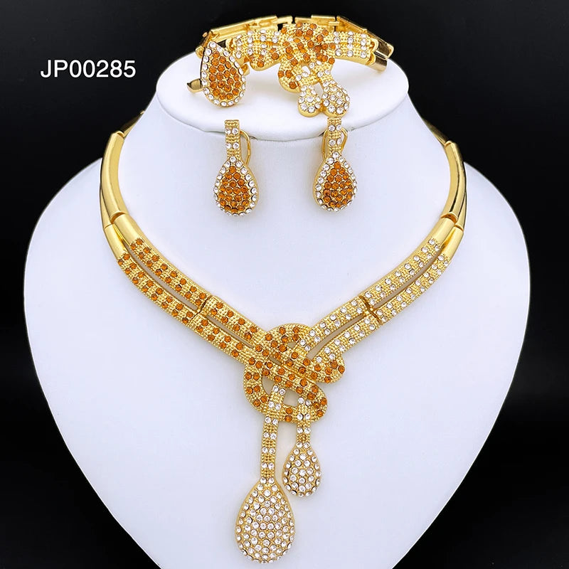 GZJPEI Dubai Gold Plated Jewellery Set | Women's Big Statement Necklace, Bracelet, Earrings & Ring | Party Fashion
