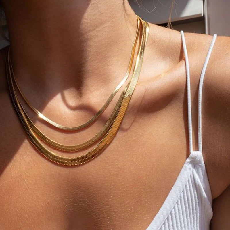 LOVBEAFAS Waterproof Snake Chain Necklace | Stainless Steel Herringbone Link | Gold & Silver Trend | 2mm-5mm Width