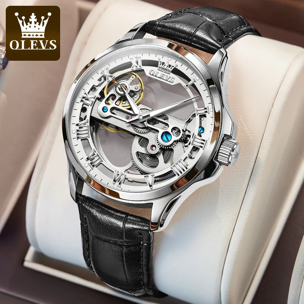 OLEVS 6661 Luxury Skeleton Mechanical Watch – Hand-Wound | Stainless Steel Case | Luminous Display | 3ATM Waterproof | Leather Strap