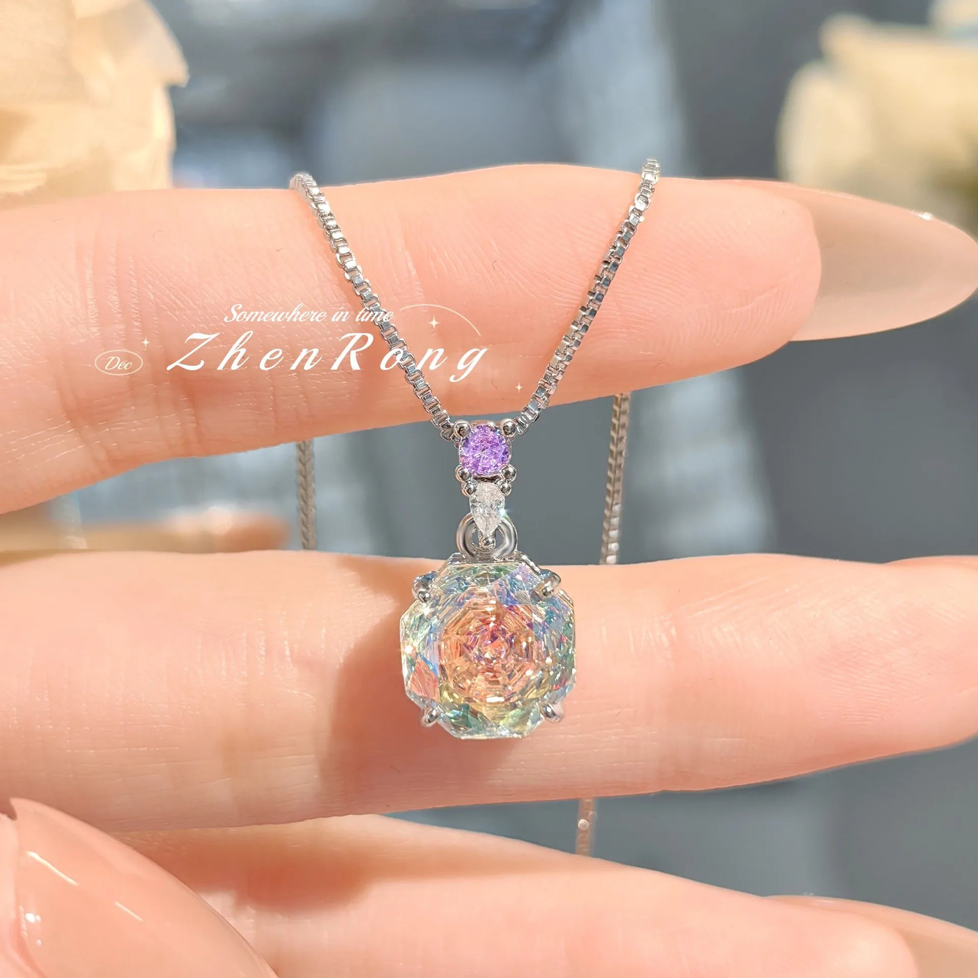 ZhenRong Women's Iridescent Crystal Jewellery Set | Adjustable Ring, Necklace & Stud Earrings | Wedding Party Trend