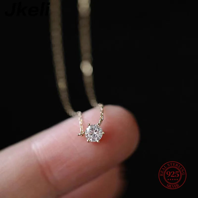 Jkeli S925 Sterling Silver Solitaire Necklace | Gold Plated Zircon Pendant | Delicate Minimalist Fine Jewellery