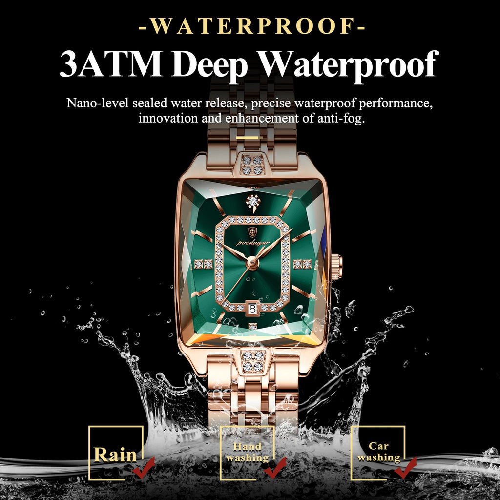 POEDAGAR Emerald Royale – Women’s Luxury Stainless Steel Quartz Waterproof Calendar Watch