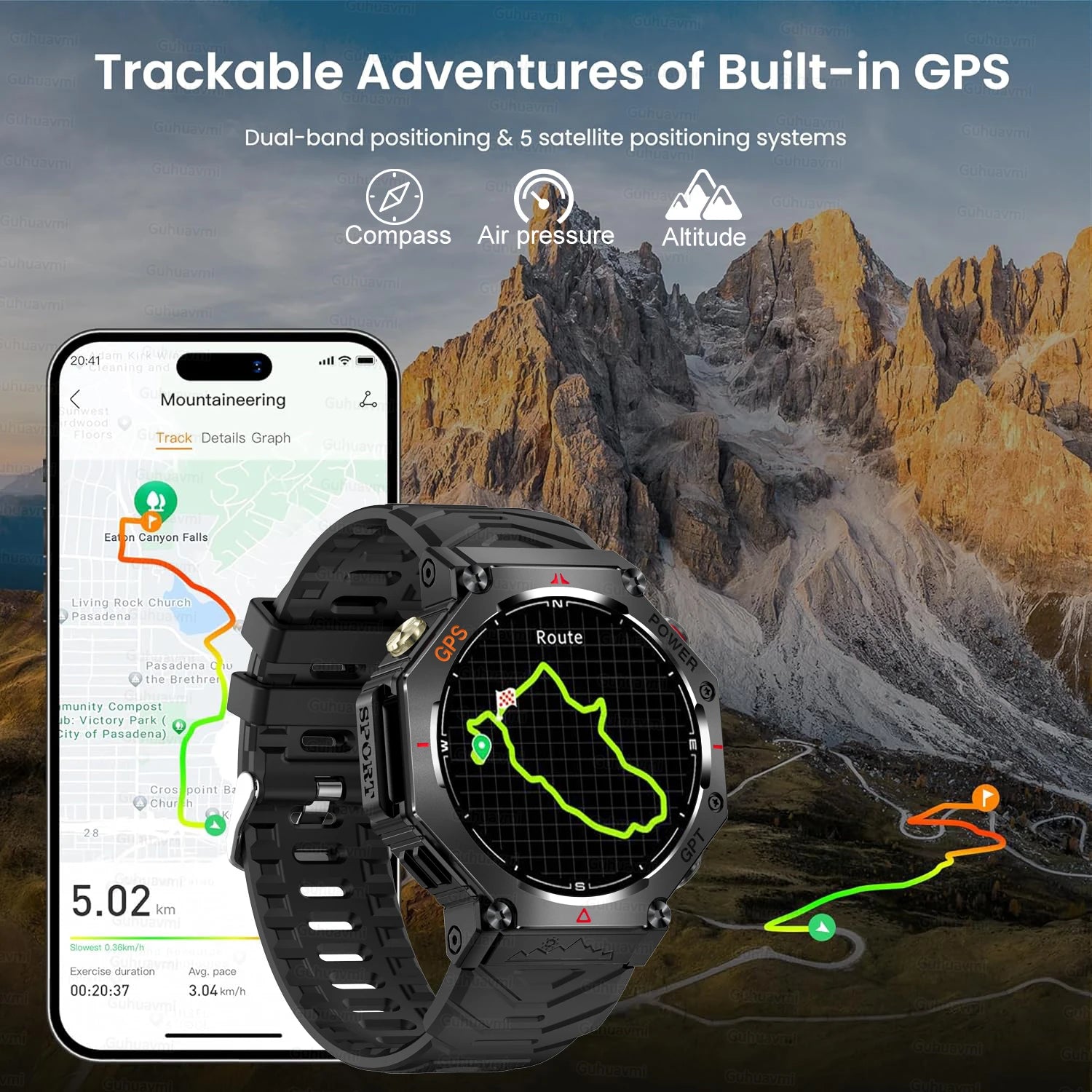 GUHUAVMI Tactical Smartwatch | 10ATM IP69K Waterproof | Dual GPS Tracking | 30-Day Standby | Compass & Flashlight
